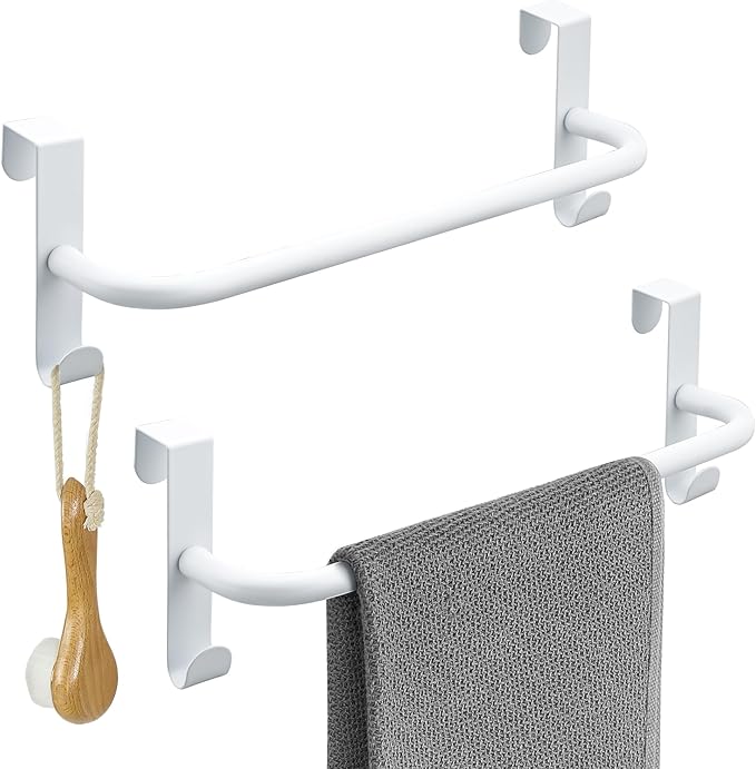 SAYAYO Over Cabinet Towel Bar White, 10 Inch Kitchen Towel Holder with 2 Hooks, Over The Cupboard Door Dish Towel Rack, 2 Pcs (11.5 Inch Total Length)