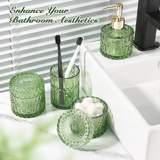 Green Bathroom Accessories Set, 4Pcs Green Bathroom Decor Accessory Sets Complete, Glass Soap Dispenser and Toothbrush Holder Set for Vintage Bathroom Countertop