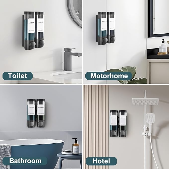 2 Pack Shampoo and Conditioner Dispenser Set, Shower Soap Dispenser 2 Chamber No Drill Wall Mounted, Body Wash Dispenser for Shower Wall Mounted with Large Capacity, Elegant for Bathroom Hotel Use