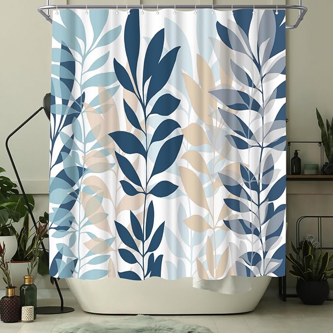WELMECO Blue Shower Curtain Botanical Shower Curtain Blue Bathroom Decor Polyester Fabric, 72x72inch