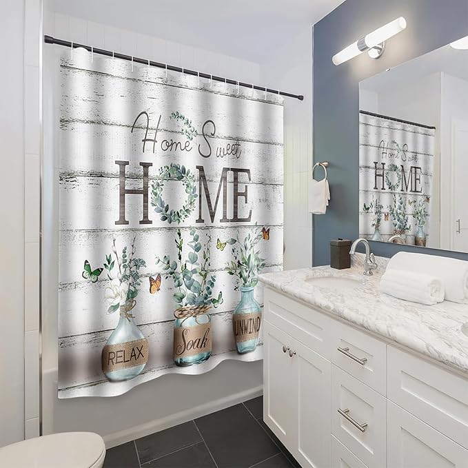 Farmhouse Shower Curtain, Green Eucalyptus Rustic Bathroom Decor with Waterproof Fabric, Country Style Relax Soak Unwind Butterfly Shower Curtains for Vintage Bathroom, 72x72 Inch