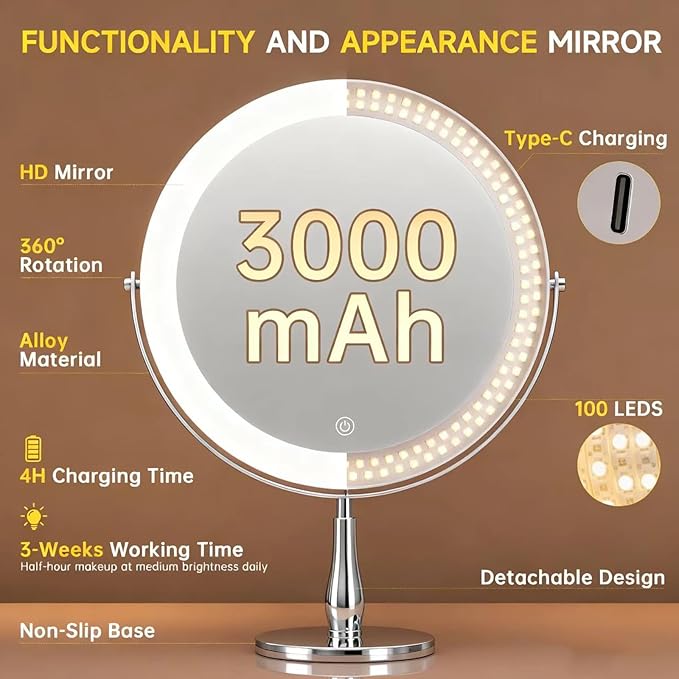 Professional 8" Large Lighted Makeup Mirror with Brighter Lights, 1X/10X True HD Magnifying Mirror with 3 Color Dimmable Lights, 92 Shadowless LEDs, 360°Swivel Seamless Vanity Mirror, Chrome