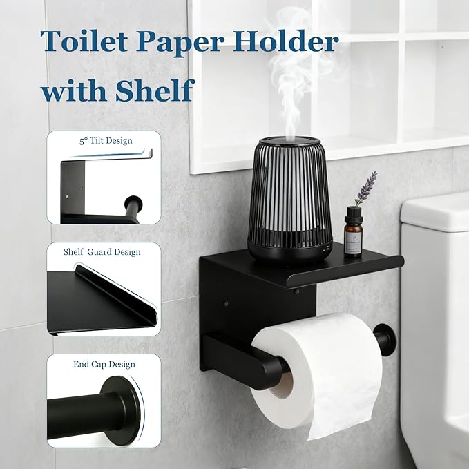 4-Pieces Wall Mount Bathroom Accessories Bathroom Hardware Set,23.6 Inch Stainless Steel Waterproof Towel Bars,Toilet Paper Holder with Shelf,Towel Ring,Coat Hook,Matte Black