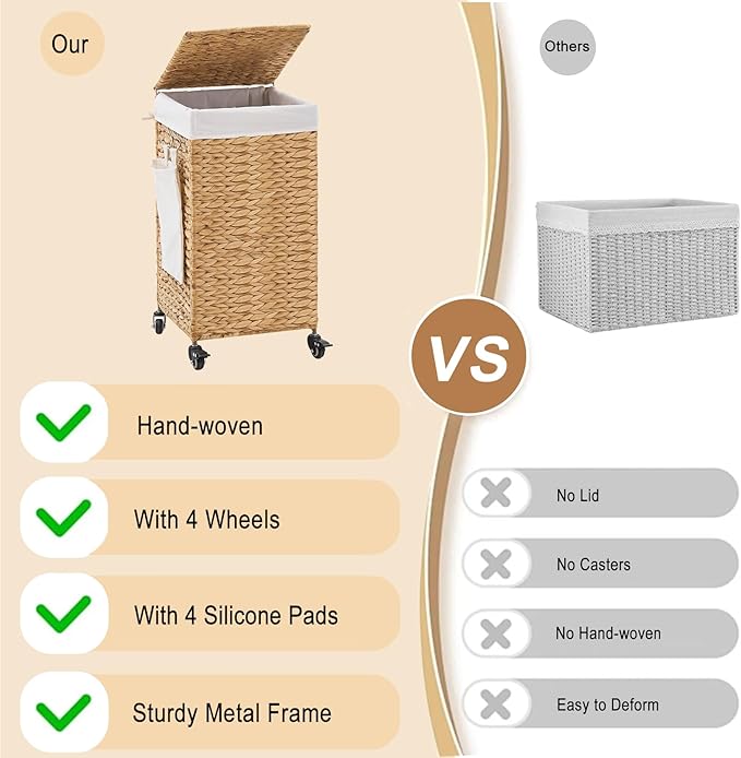 Handwoven Hamper with Lid, Laundry Basket with Wheels, Machine Washable Liner, Clothes Hamper for Bathroom Laundry Room Bedroom(Natural, 78L)