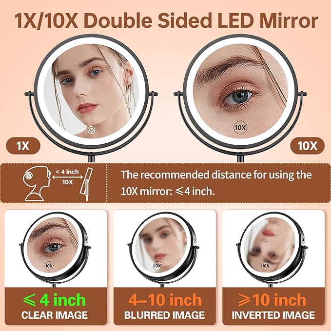 Benbilry 8 Inch Lighted Makeup Vanity Mirror with Lights 3 Color Dimmable, 1X/10X Magnifying Rechargeable Double Sided Light Up Cosmetic Mirror, 360° Swivel Cordless Standing, Black