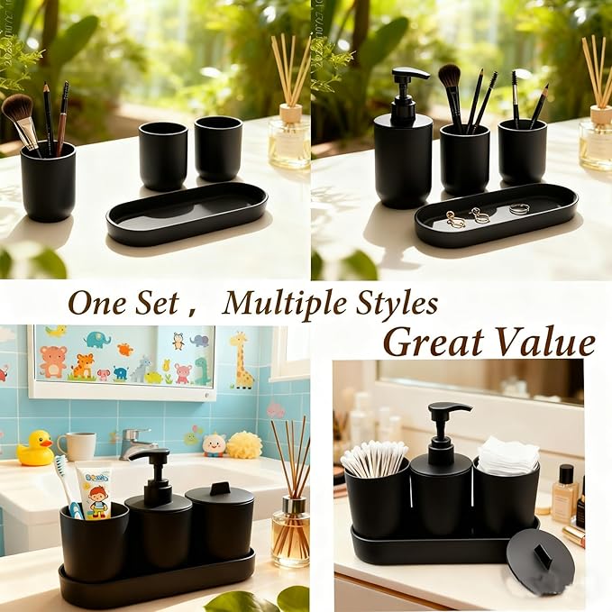 4-Piece Bathroom Accessories Set, Matte Black Plastic Countertop Organizer with Toothbrush Holder, Lotion Soap Dispenser, Qtip Holder & Vanity Tray – Modern Bathroom Decor for Home