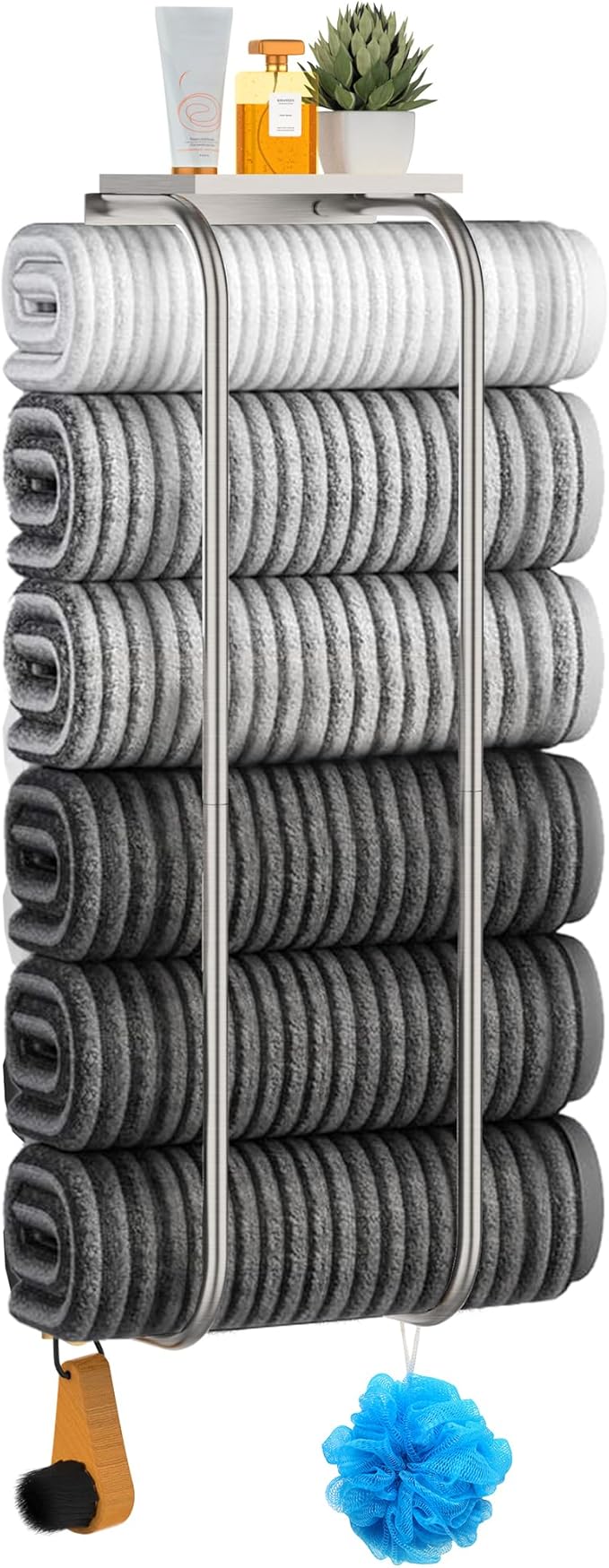 Towel Racks for Bathroom, Curved Bathroom Towel Storage Wall Mounted 30 inch with Shelf Can Holds 6 Large Towels, Wall Towel Rack for Rolled Towels, Brushed Nickel