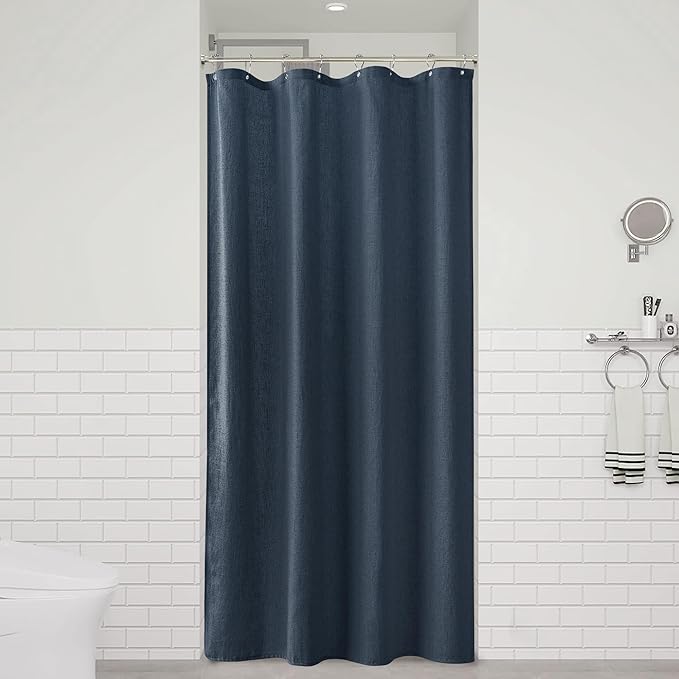 Naturoom Denim Blue 36 Inch Shower Curtain - Stall Narrow Half Linen Ultra Thick Fabric Shower Curtain Set with Hooks, Boho Farmhouse Rustic RV Camper Bath Curtains for Bathroom, 36x72