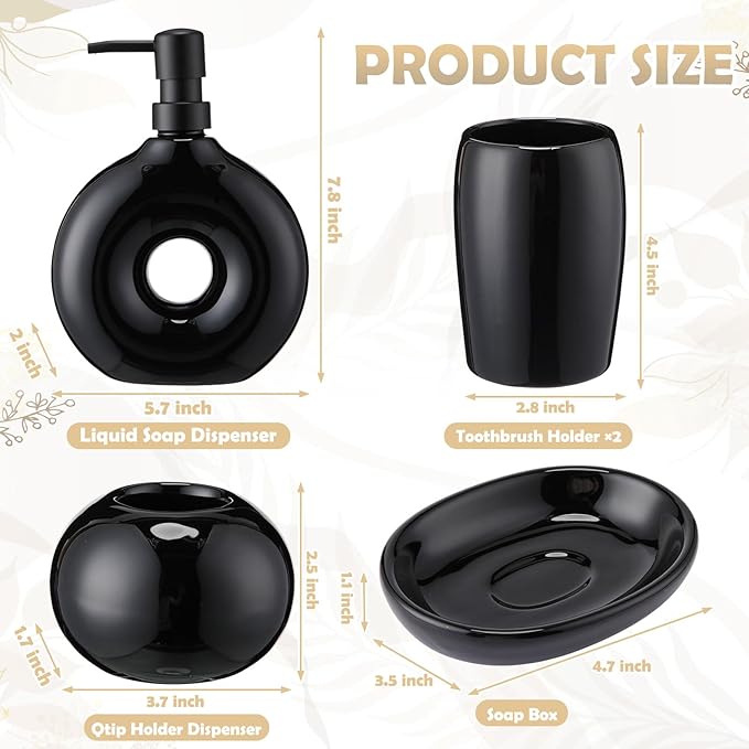 FoldTier 5 Pcs Ceramic Bathroom Accessories Set Includes Soap Dispenser Toothbrush Cup Holder Soapbox Holder Stylish Modern Bathroom Matte Glaze Decor(Black)