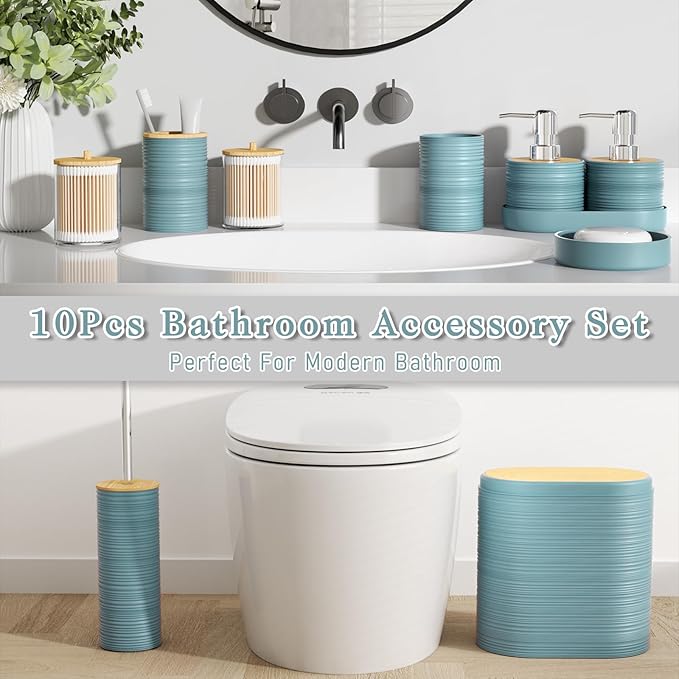 XLHOMO Light Blue Bathroom Set - 10PC Bathroom Accessories Set, Luxury Bathroom Accessory Set with Trash Can,Toilet Brush & 2 PC Soap Dispensers for Apartment Decor and Housewarming