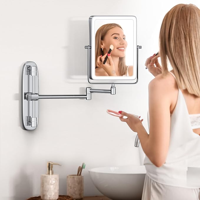 Wall Mounted Lighted Makeup Mirror, Rectangle Double Sided 1X/7X Magnifying Bathroom Height Adjustable Mirror, Rechargeable 3 Color and Dimmable Lights, Extended Arm 360 Rotation Shaving Vanity Mirror
