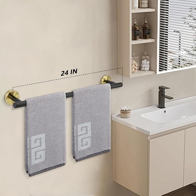 NearMoon Bath Towel Bar, Thicken Stainless Steel Shower Towel Rack Holder Wall Mounted for Bathroom, 24-lnch Overall Length-21-lnch Usable Hanging Space (1 Pack, Matte Black & Gold)