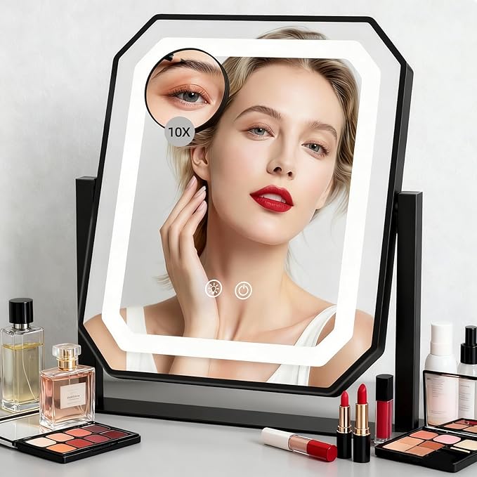 Lighted Makeup Mirror, 3 Colors for Precise Application, Touch Control Brightness Adjustment for Easy Use, with a Detachable 10x Magnifying Mirror, 12“ x 10” Hollywood Vanity Mirror for Plug-in Use