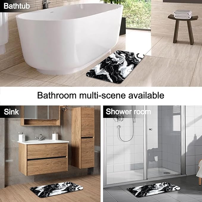 Lnond 4Pcs Marble Bathroom Sets with Shower Curtain and Rugs, Black Marble Modern Art Bathroom Shower Curtain Sets with Rugs and Accessories