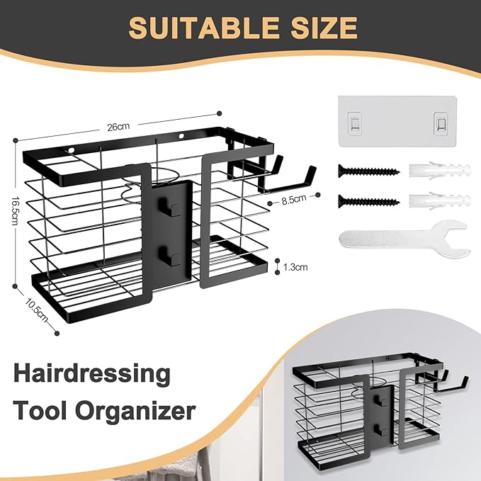 FUNKYLEE Hair Tool Organizer, 3 in 1 Metal Hair Dryer Holder Wall Mounted for Flat Iron, Curling Iron, Straightener, Styling Tools Bathroom Storage and Organizer (Black)