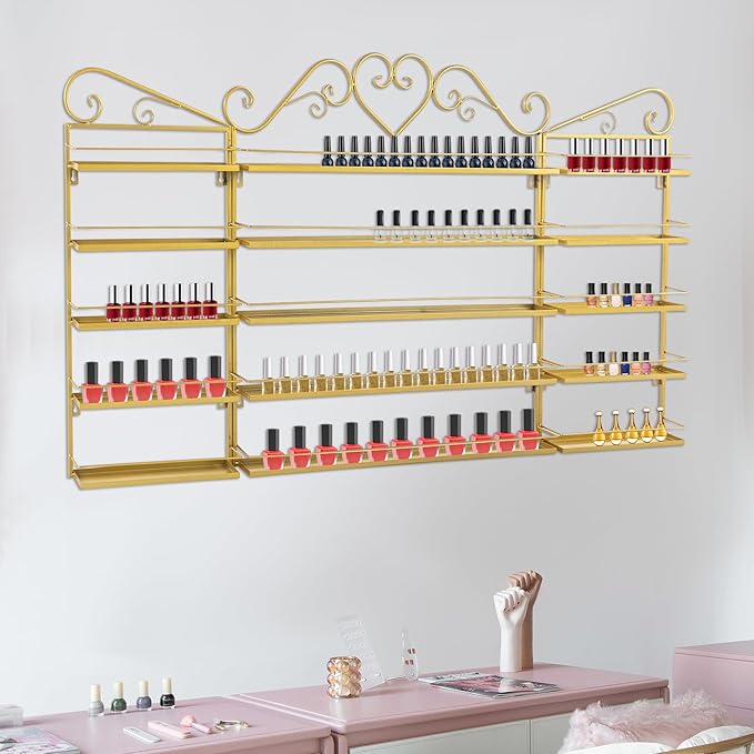 3PCS Wall-Mounted Nail Polish Racks, 5-Tier Metal Makeup Display Wall Shelf Storage Organizer for Home Spa Nail Salon Perfume Lipstick Cosmetic (Gold)