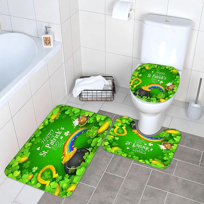 Ansouyi 4Pcs Bathroom Shower Curtain Sets with Non-Slip Rugs, Toilet Lid Cover and Bath Mat, St Patricks Day with Clover Leaf Rainbow Durable Waterproof Shower Curtain for Bathroom Set, 72x72 Inch