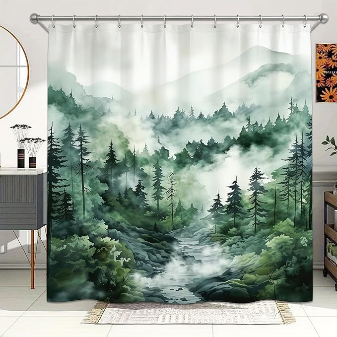 Dreamrflove Forest Mountain Shower Curtain DarkGreen Nature Misty Pine Rustic Bathroom Decorative Tree Bathroom Decor 72x72 Inch Waterproof Polyester