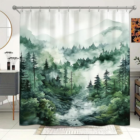 Dreamrflove Forest Mountain Shower Curtain DarkGreen Nature Misty Pine Rustic Bathroom Decorative Tree Bathroom Decor 72x72 Inch Waterproof Polyester