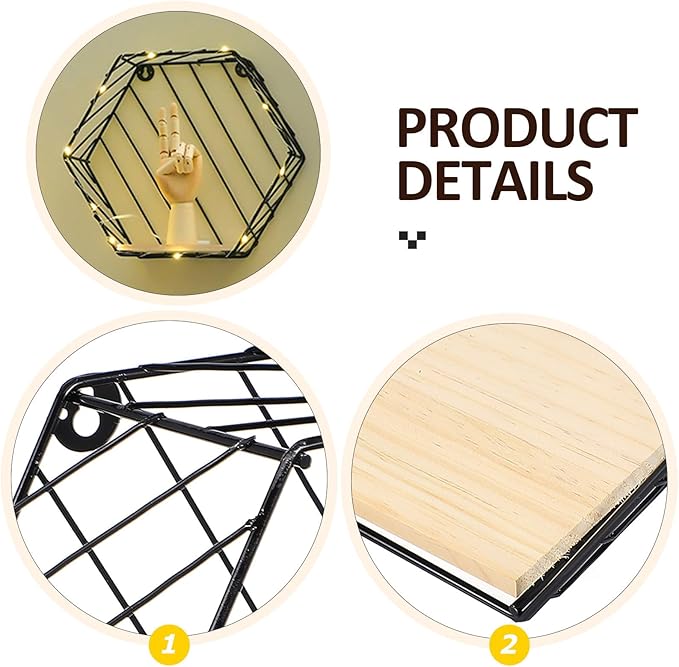 Homoyoyo Multi-Functional Black Hexagon Iron Wall Shelf, Kitchen Wall Rack with Hooks, Space-Saving Storage Shelf for Bathroom and Living Room Organization