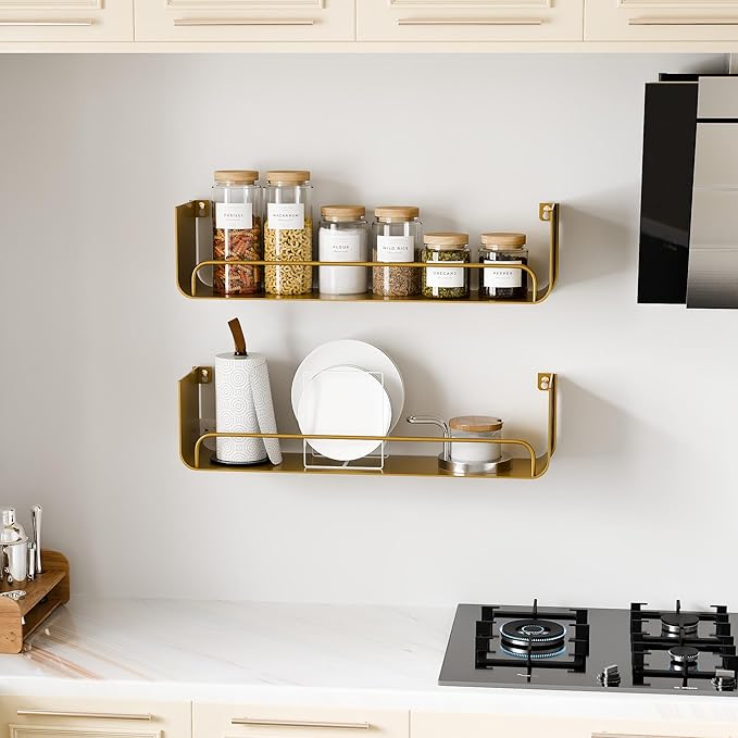 2 Pack Gold Shower Caddy, Metal Floating Gold Bathroom Shelf with Guardrail, U-Shaped Wall Mounted Shelves for Kitchen, Living Room, Bedroom, Home Storage and Organizer