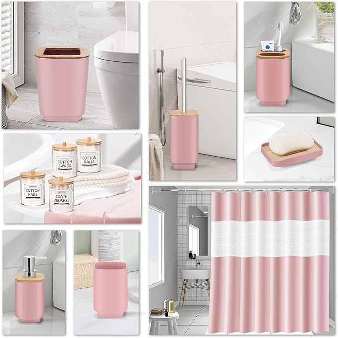 IMAVO 11 Piece Pink Bathroom Set, Trash Can, Toilet Brush, Storage Tray, Complete Bathroom Accessories Organization Kit for Bathroom Décor and Home Gifts