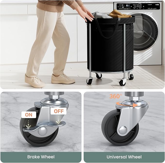 Aduanbang 170L Laundry Basket with Wheels, Rolling Hamper with Removable Bag & Steel Frame, Round Laundry Cart with 4 Casters & 2 Brakes, Ideal for Bedroom, Bathroom & Laundry Room