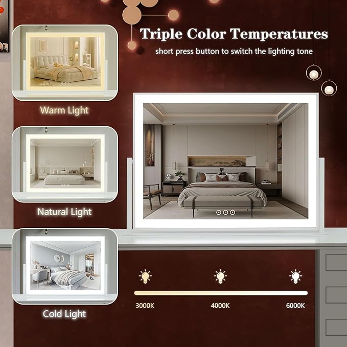 Acoolda Vanity Mirror with Lights, Large Makeup Mirror with Lights, LED Lighted Makeup Mirror with 3 Color Light Modes, Smart Touch Tabletop Mirror for Makeup Desk 360° Rotation 22.8" x 18" White
