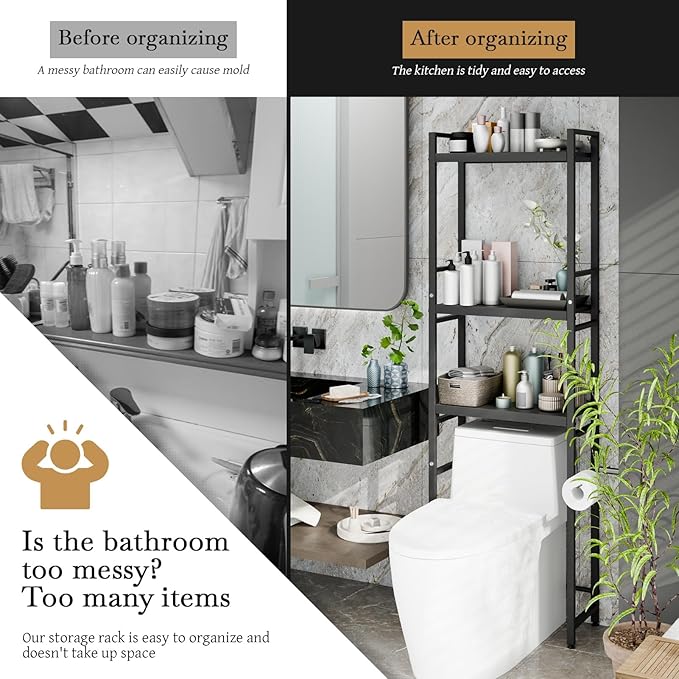 Over Toilet Shelf with Adjustable 3-Tier Shelves & Anti-Slip Base, Freestanding Bathroom Storage Rack, Heavy-Duty Carbon Steel Organizer, Space Saving for Bathroom Laundry, 52x22x162cm Black