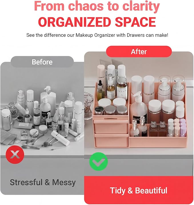Makeup Organizer with Drawers, Cosmetic Organizer for Vanity Dresser Bathroom Countertop, Large CapacityOrganizer for Skincare, Lipstick, Palettes (Pink-1 Pack)