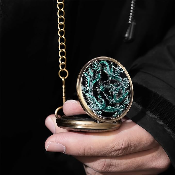 ManChDa Scrying Mirror Black Obsidian Mirror Lucky Dragon & Phoenix Pocket Watch Shell Witchcraft Kit Wiccan Supplies and Tools Witchy Gifts, Bronze Blue