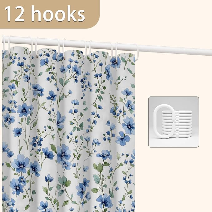 Blue Floral Shower Curtain，Cute Bright Wildflower Rustic Flower Blossom Farmhouse Leaves Botanical Cloth Fabric ，Waterproof Polyester Bathroom Home Decor Set with 12 Hooks，72 x 72 Inch