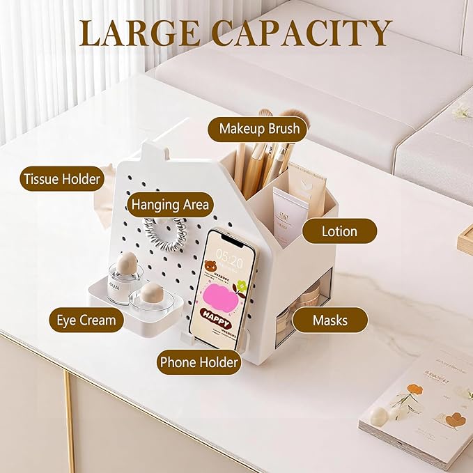 Makeup Organizer with Compartments and Drawer, Cosmetic Storage for Dresser, Vanity, and Bathroom Countertop, Skincare and Perfume Organizer
