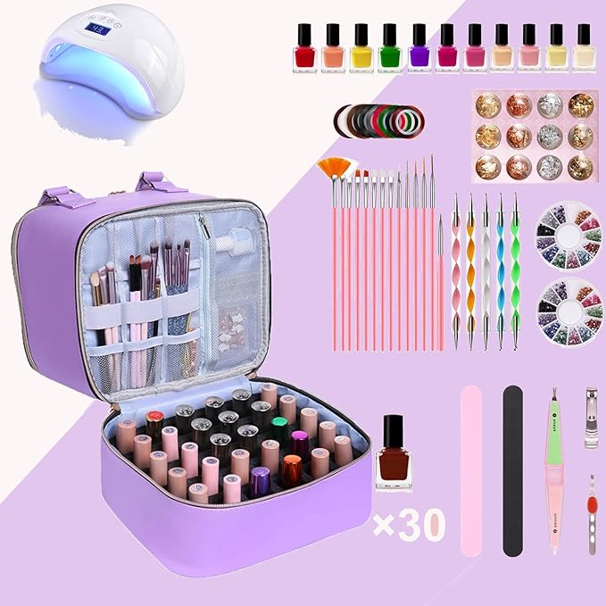 FCQQYWZ Nail polish Case, Nail Polish Organizer Bag and Nail Dryer Case Holds 30+ Bottles (15ml/0.5 fl.oz) and a Nail Lamp, Travel 2 Layer Nail Polish Storage with Sturdy Handles(Purple)