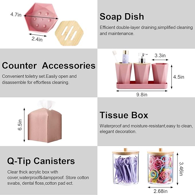Pink Bathroom Accessories Set, 10 Pieces Bamboo Bathroom Set with Trash Can, Tray, Soap Dispenser, Soap Dish, Toothbrush Holder, Toothbrush Cup, Tissue Holder, Toilet Brush and Qtip Holders