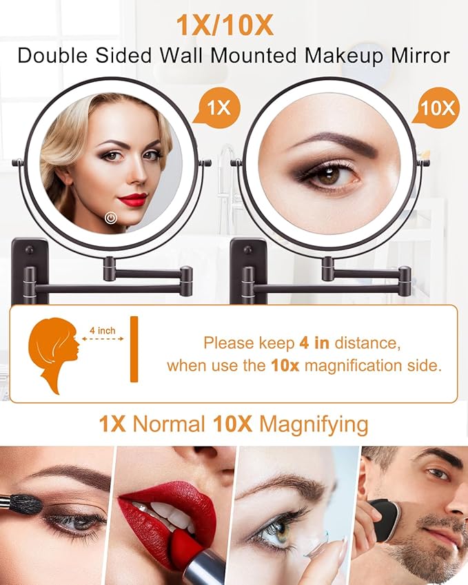 DECLUTTR 9 Inch Wall Mounted Lighted Makeup Mirror, Double-Sided Magnifying Mirror 1x/10x, 3 Colors Lighted Makeup Mirror, Touch Dimmable 360° Rotation Foldable Light Up Mirror, Bronze