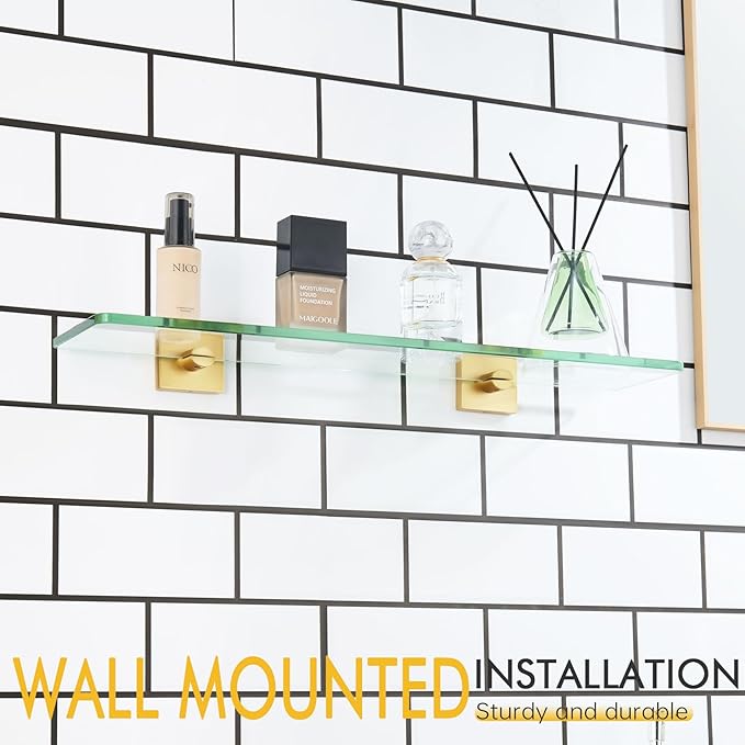 KOKOSIRI Wall Shelves 20-Inch Floating Tempered Glass Shelf Bathroom Hardware Kitchen Hanging Rack Shower Storage, Brushed Gold Stainless Steel B1107BG-L20
