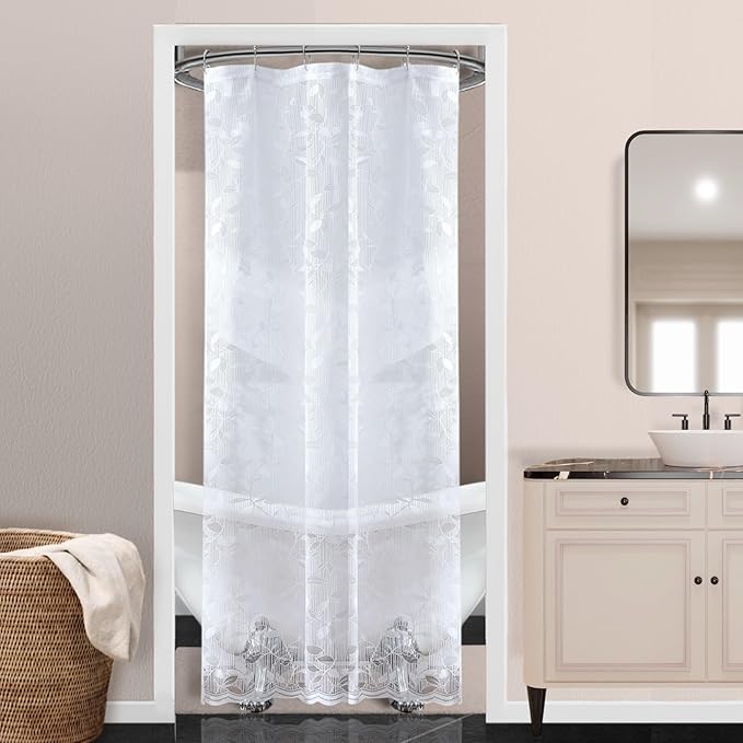 Warm Home Designs Small White Lace Shower Curtain - Clear With Rustic Leaf Pattern - 36 x 72 Inch Farmhouse Stall Creates Beautiful and Elegant Decor - GR White 36"