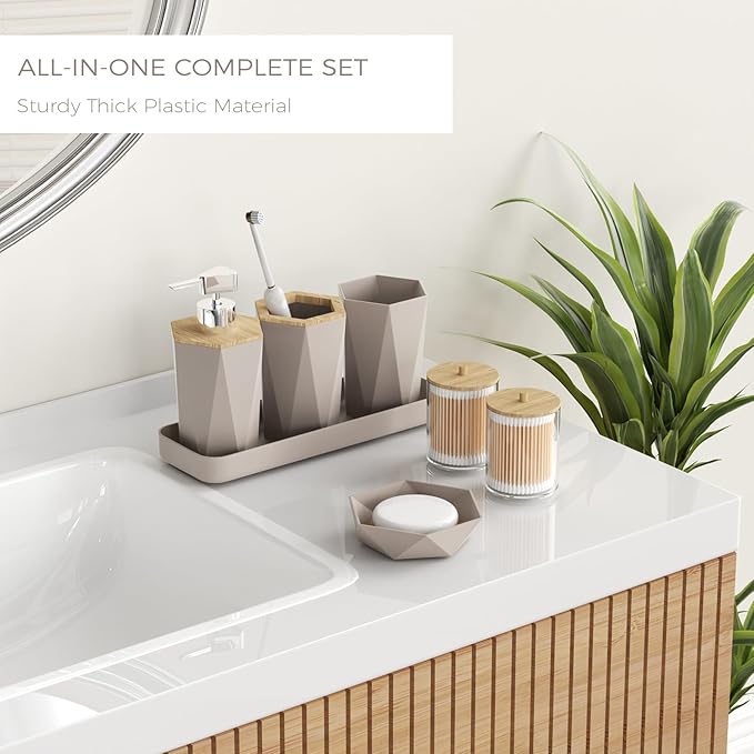 Bathroom Accessories Set - Unbreakable Beige Bathroom Set, Trash Can, Toilet Brush with Holder, Soap Dispenser, Toothbrush and Toothpaste Holder, Tumbler, Soap Dish, Qtip Holders, Tray, Bamboo Decor