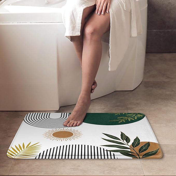 ArtSocket Mid Century Green Boho Bathroom Set with Shower Curtain and Bath Rugs and Accessories,Abstract Sun Arch Curve Leaves Geometric Non-Slip Shower Curtain Set,Bathroom Decor 3 Pcs