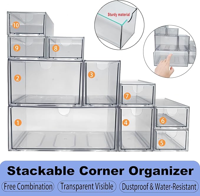10 Pack Acrylic Storage Drawers Plastic Drawers Storage Clear Stackable Display Bins for Fridge Organizers Small Plastic Drawer for Makeup Organizers Cosmetic Display Case