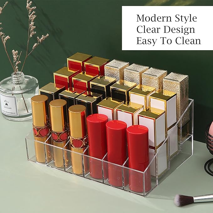 LOGJAM 2 Pcs Acrylic Perfume Organizer, 24 Slots Clear Lipstick Lipgloss Holder, Cosmetic Case For Lip Gloss Brushes Bottles