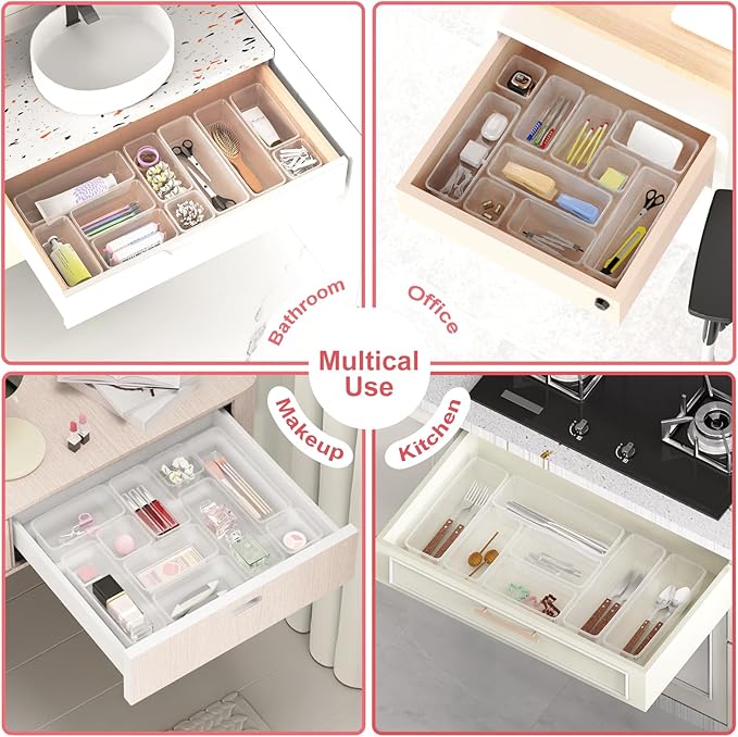 24 PCS Plastic Drawer Organizer Set, Sturdy 3-Size Makeup Vanity Desk Drawer Organizer Trays and Storage Bins for Cosmetics, Junk and Gadgets ?€? Ideal for Bathroom, Bedroom, Office and Kitchen