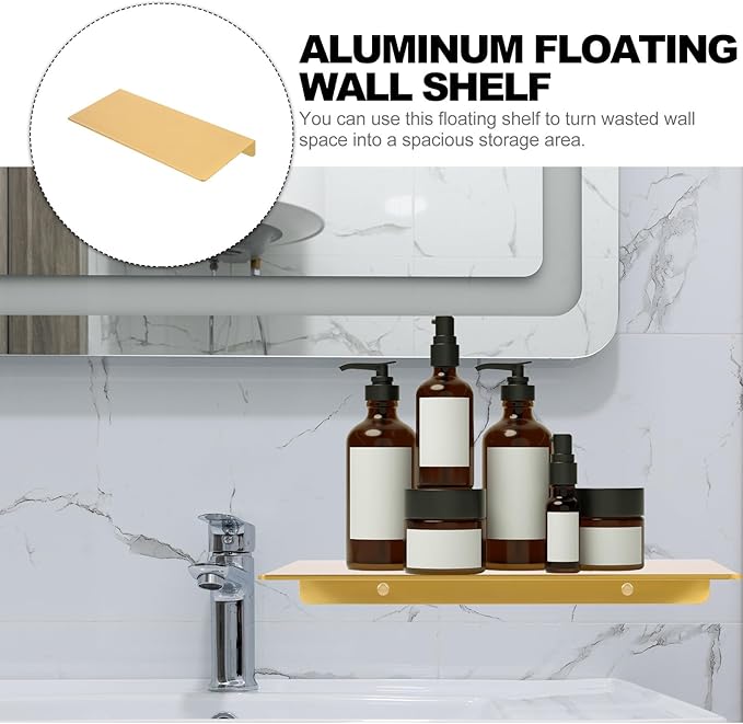 OUNONA Punching-Free Bathroom Wall Shelf 30cm Brushed Gold Aluminum Floating Adhesive Shelf for Storage and Organization in Home, Office, and Dormitory