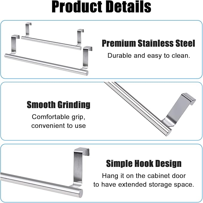 Cabinet Door Towel Bar, Dish Towel Rack for Cabinet, Stainless Steel kitchen Towel Holder, Over the Door Hand Towel Hanger for Kitchen Bathroom Cupboard, 2 Pack (2*Small-Silver)