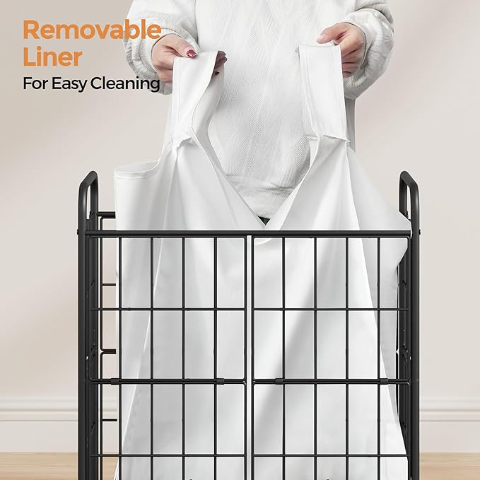 2 Section Laundry Hamper with Wheels and Brake, 100L Laundry Sorter Cart with 2 Removable Liner Bags, Metal Handle, Rolling Laundry Basket for Bedroom Laundry Room