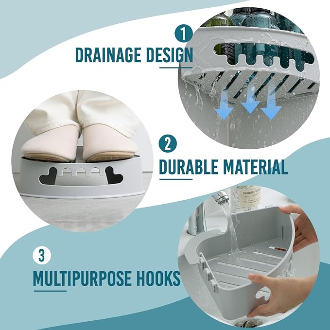 TAILI Suction Corner Shower Caddy, Bathroom Shelf Storage Basket Wall Mounted Organizer for Shampoo, Conditioner, Plastic Rack for Kitchen and Bathroom, Drill-Free Removable-Grey