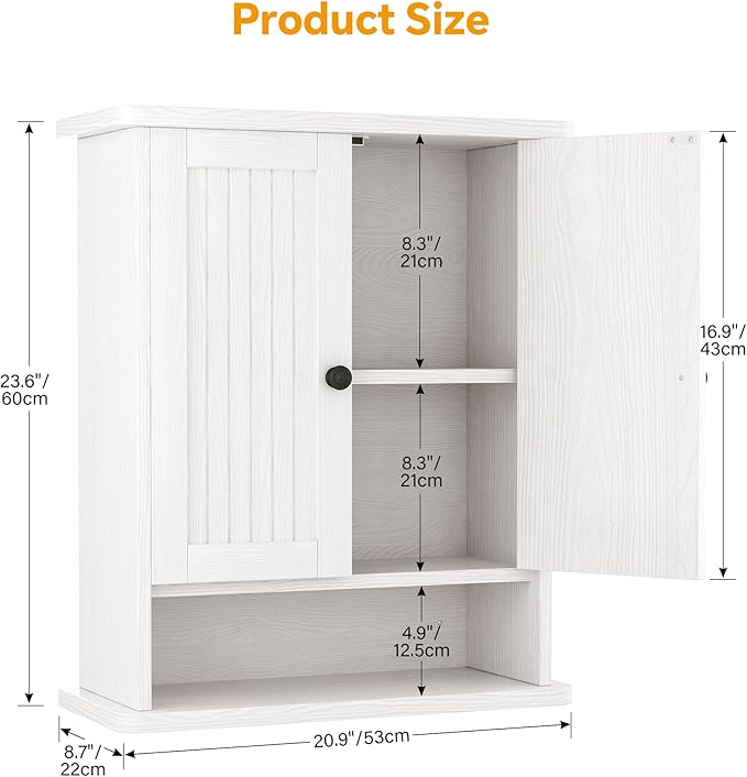 Homeiju Wooden Farmhouse Style Rustic Medicine Cabinet with Two Barn Doors, Wooden Wall Mounted Storage Cabinet with Open and Hidden Storage Space, for Bathroom, Living Room, Kitchen, White