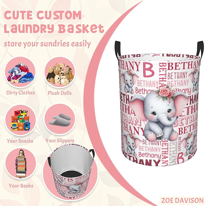 ZOE DAVISON Custom Elephant Laundry Baskets, Personalized Elephant Print Gifts with Customized Name, Collapsible Laundry Hamper for Kids Adults Home Decoration,16.5 X 13.8in