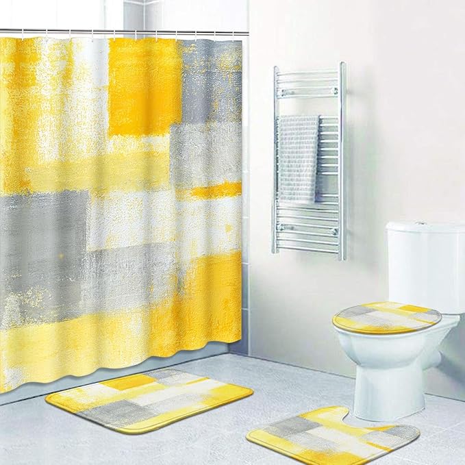 ArtSocket 4 Pcs Shower Curtain Set Yellow Grey Abstract Painting Gray Vintage Retro with Non-Slip Rugs Toilet Lid Cover and Bath Mat Bathroom Decor Set